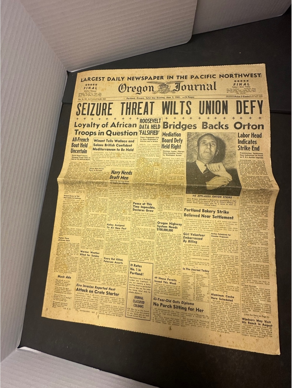 1941 Oregon Journal WWII Newspaper Roosevelt Union Strike Portland June 7